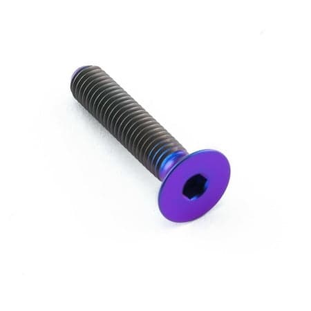 Countersunk titanium bolt in purple, measuring M5 x 0.80mm x 25mm, featuring a hexagonal socket and a smooth, shiny finish.