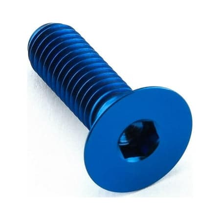Countersunk M6 titanium bolt in vibrant blue, measuring 20mm with a 15mm head diameter, featuring a hexagonal socket for easy installation.
