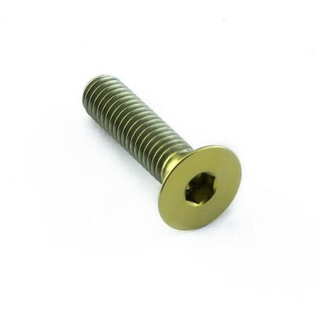 Gold titanium countersunk bolt, M6 x 1.00mm x 25mm, featuring a hexagonal socket head and smooth, shiny finish, ideal for lightweight applications.