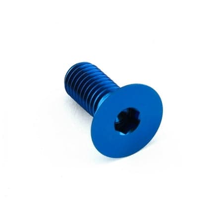 Countersunk blue titanium bolt with a hexagonal socket, measuring M8 x 1.25mm x 20mm, showcasing a sleek, durable design ideal for various applications.