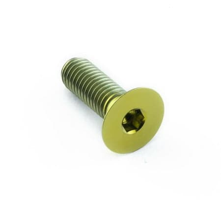 Gold titanium countersunk bolt, M8 x 1.25mm x 25mm, featuring a hexagonal socket head and smooth, polished finish, ideal for lightweight applications.