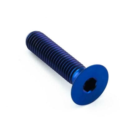 Countersunk M8 titanium bolt in blue, measuring 35mm in length with a hexagonal socket head and smooth, threaded shaft for secure fastening.
