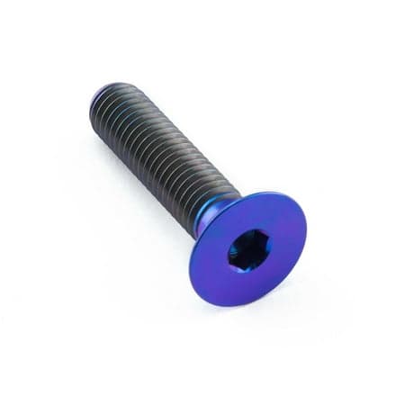 Countersunk M8 titanium bolt in purple, measuring 35mm with a 30mm shaft, featuring a hexagonal socket head and smooth finish.