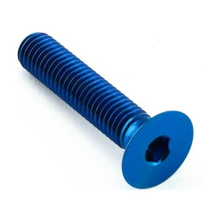 Countersunk M8 titanium bolt in blue, measuring 1.25mm x 40mm with a 25mm head, featuring a hexagonal socket for easy installation.