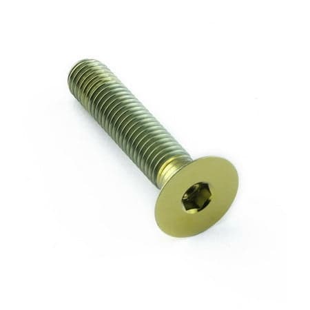 Gold titanium countersunk bolt with a hexagonal socket, measuring M8 X 1.25mm X 40mm, featuring a smooth, shiny finish and a flat, circular head.
