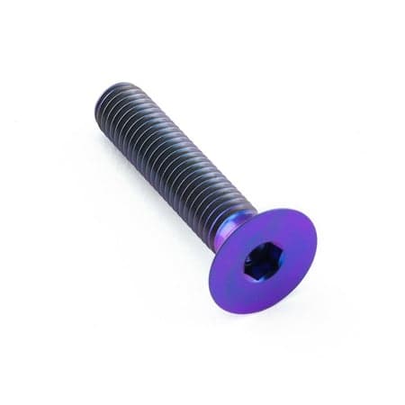 Countersunk titanium bolt in purple, measuring M8 x 1.25mm x 40mm, featuring a hexagonal socket head and smooth, shiny finish with visible threading along the shaft.