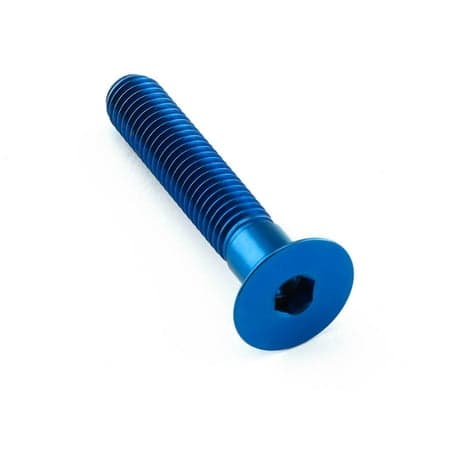 Countersunk M8 titanium bolt in blue, measuring 1.25mm x 45mm, featuring a smooth, shiny finish and hexagonal socket head for easy installation.