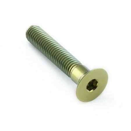Gold titanium countersunk bolt, M8 size, 1.25mm thread pitch, 45mm length, featuring a hexagonal socket head and smooth, polished finish for durability and aesthetics.