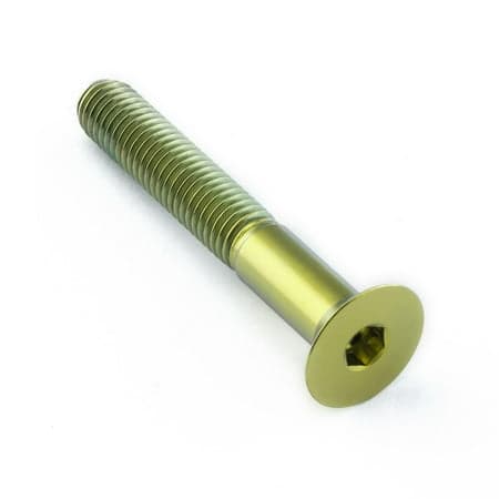 Gold titanium countersunk bolt, M8 x 1.25mm x 55mm (42mm), featuring a smooth, rounded head and threaded shaft for secure fastening.