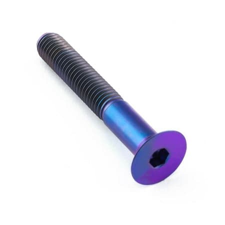 Countersunk M8 titanium bolt in vibrant purple, measuring 1.25mm x 55mm with a 42mm head, featuring a hexagonal socket for easy installation.