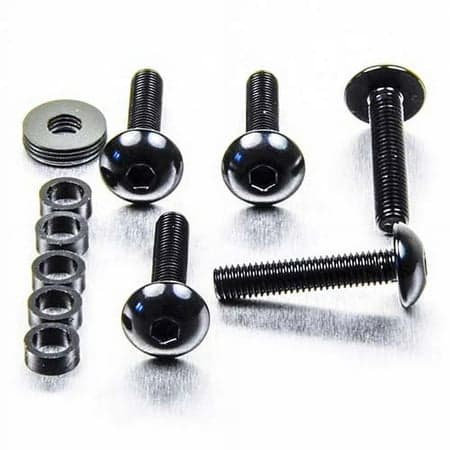 Black alloy dome head bolts, M5 size, with hexagonal socket, accompanied by washers and spacers, all featuring a sleek, polished finish on a metallic background.