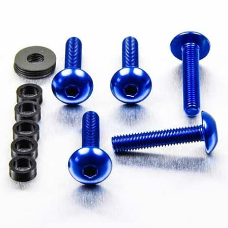 Blue anodized alloy dome head bolts in M5 size, measuring 11mm and 25mm, accompanied by black washers and a nut, arranged on a reflective surface.