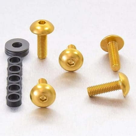 Gold dome head alloy bolts in M5 size, measuring 12mm and 16mm, accompanied by a black spacer, showcasing a shiny finish and hexagonal socket for easy installation.