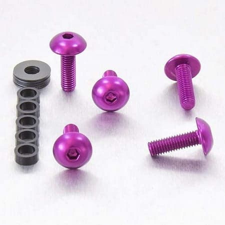 Purple dome head alloy bolts in M5 size, measuring 12mm and 16mm, with a hexagonal socket, accompanied by a black spacer, arranged on a light background.