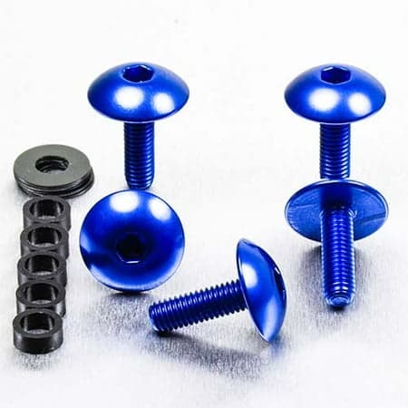 Blue anodized dome head alloy bolts with M5 x 0.80mm x 16mm dimensions, featuring hexagonal sockets, accompanied by a black spacer.