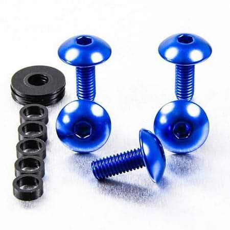Blue anodized alloy dome head bolts, M6 x 1.00mm x 16mm, featuring a hex socket drive; includes black washers and spacers for secure fastening.