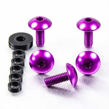 Purple dome head alloy bolts (M6 x 1.00mm x 16mm) with a shiny finish, accompanied by a black washer and six matching hex nuts.
