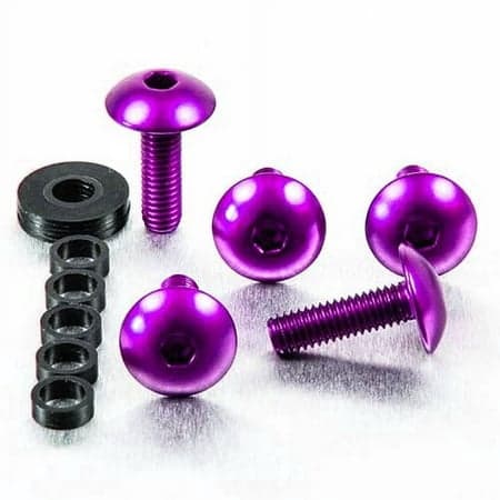 Purple dome head alloy bolts, M6 x 1.00mm, 16mm and 20mm lengths, with a black washer, showcasing a shiny finish and hexagonal socket design.