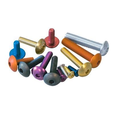 A variety of Pro-Bolt dome head alloy bolts in silver, gold, blue, purple, and red, featuring different lengths and sizes, arranged in a circular pattern.