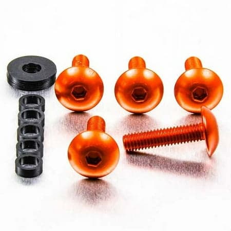Four orange dome head alloy bolts with M6 x 1.00mm x 16mm and 25mm sizes, accompanied by a black washer and a set of spacers, showcasing a shiny finish.