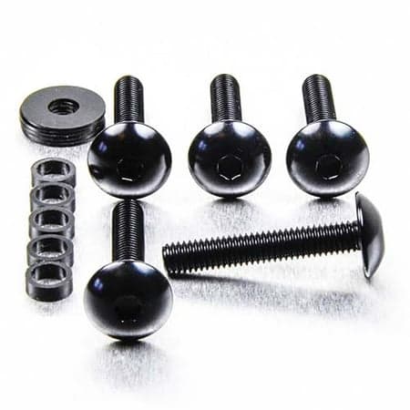 Black dome head alloy bolts in various lengths (16mm and 35mm) with hex sockets, accompanied by a matching washer and spacers, all featuring a sleek finish.