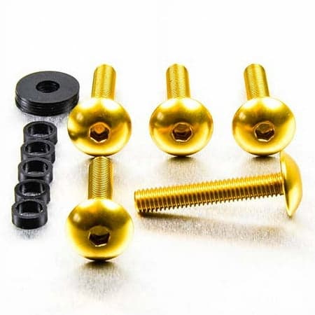 Gold dome head alloy bolts in M6 x 1.00mm x 16mm and 35mm sizes, accompanied by a black washer and a spacer, showcasing a shiny finish and hexagonal socket.