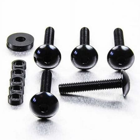 Black alloy dome head bolts in various lengths (16mm and 40mm), featuring M6 x 1.00mm threading, accompanied by a washer and a hex nut.