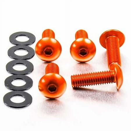 Pro-Bolt dome head alloy bolts in vibrant orange, measuring M8 x 1.25mm x 16mm and 25mm, accompanied by six black washers.