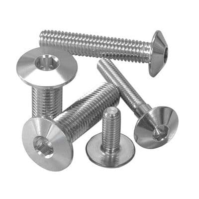 Dome head stainless steel bolts in various sizes, featuring a shiny metallic finish, with M5 x 0.80mm x 20mm dimensions, showcasing smooth threads and a flat washer base.