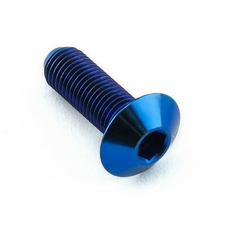 Dome head titanium bolt in blue, measuring M4 x 0.50mm (8mm) x 12mm, featuring a hexagonal socket for easy installation and a sleek, polished finish.