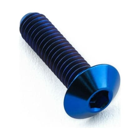 Dome head titanium bolt in vibrant blue, measuring M4 x 0.70mm with a length of 15mm, featuring a hexagonal socket for easy installation.