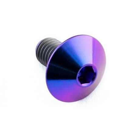 Purple dome head titanium bolt with M5 x 0.80mm thread, 12mm length, featuring a hexagonal socket for easy installation and a shiny, reflective finish.