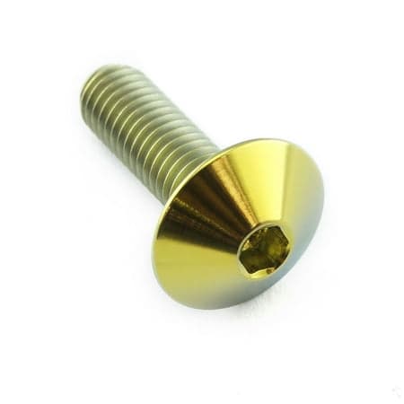 Gold titanium dome head bolt with a hexagonal socket, measuring M5 x 0.80mm (12mm) x 16mm, showcasing a shiny finish and detailed threading.