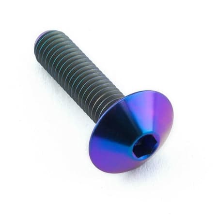 Purple titanium dome head bolt, M5 size with a 0.80mm thread pitch, 12mm head diameter, and 20mm length, featuring a shiny, iridescent finish.