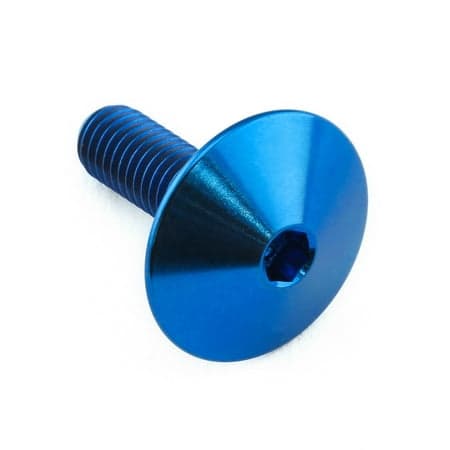 Blue titanium dome head bolt with a hexagonal socket, measuring M5 x 0.80mm and 16mm in length, showcasing a shiny, polished finish.