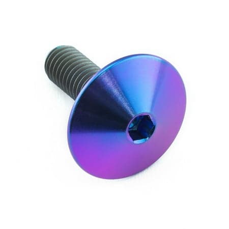 Purple dome head titanium bolt with a hexagonal socket, measuring M5 x 0.80mm and 16mm in length, featuring a shiny, reflective surface.
