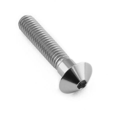 Dome head titanium bolt in natural finish, M6 x 1.00mm thread, 12mm head diameter, and 30mm length, featuring a smooth, shiny surface and hex socket drive.
