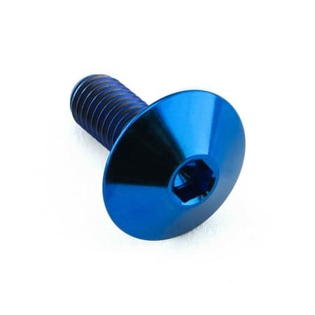 Blue titanium dome head bolt with M6 x 1.00mm thread and 16mm length, featuring a hexagonal socket for easy installation.