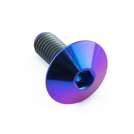 Purple titanium dome head bolt with a hex socket, measuring M6 x 1.00mm and 16mm in length, featuring a shiny, reflective surface.