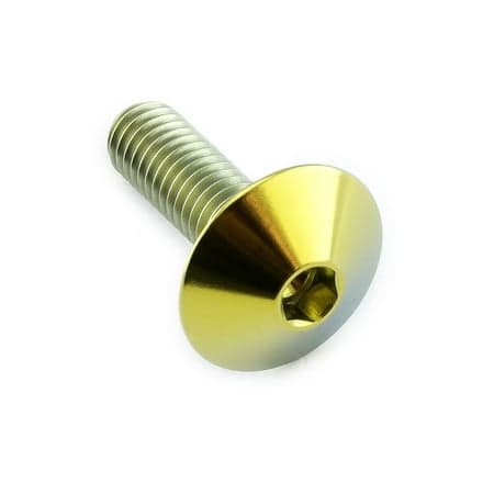 Gold titanium dome head bolt with a hexagonal socket, measuring M6 x 1.00mm (16mm) x 20mm, featuring a shiny finish and smooth surface.