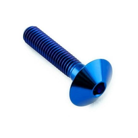 Blue titanium dome head bolt, M6 x 1.00mm thread size, 16mm diameter head, 30mm length, featuring a smooth finish and a hex socket for easy installation.