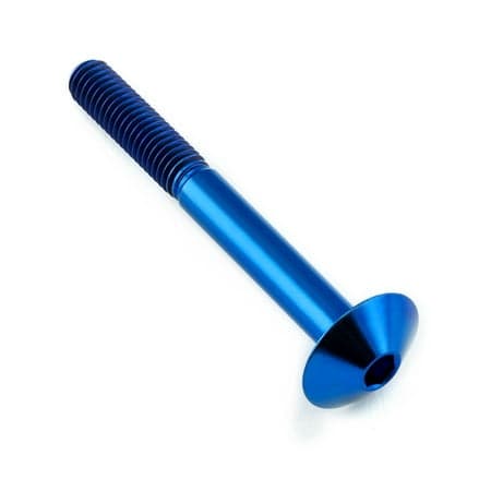 Blue titanium dome head bolt with a hex socket, measuring M6 x 1.00mm, 16mm head diameter, and 55mm length, showcasing a sleek, polished finish.