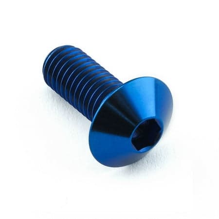 Blue titanium dome head bolt with a hexagonal socket, measuring M8 x 1.25mm (16mm) x 20mm, showcasing a sleek, polished finish.