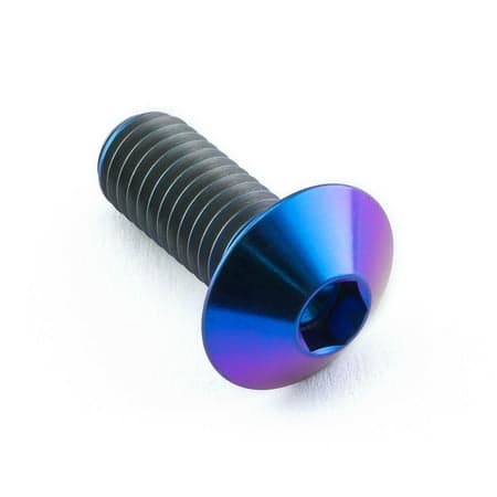 Purple titanium dome head bolt with a hexagonal socket, measuring M8 x 1.25mm (16mm) x 20mm, showcasing a sleek, metallic finish and ridged shaft.