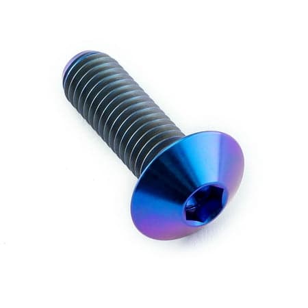 Purple titanium dome head bolt with a hexagonal socket, measuring M8 x 1.25mm (16mm) x 25mm, showcasing a shiny, anodized finish and spiral thread design.