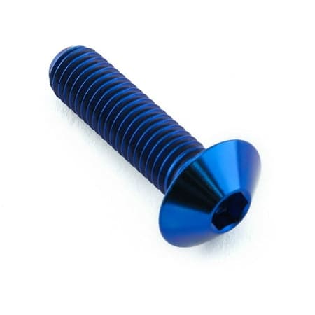 Blue titanium dome head bolt with M8 x 1.25mm thread, measuring 16mm in diameter and 30mm in length, featuring a hexagonal socket for easy installation.