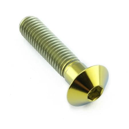 Gold titanium dome head bolt, M8 x 1.25mm thread, 16mm head diameter, 35mm length, featuring a hex socket for easy installation.