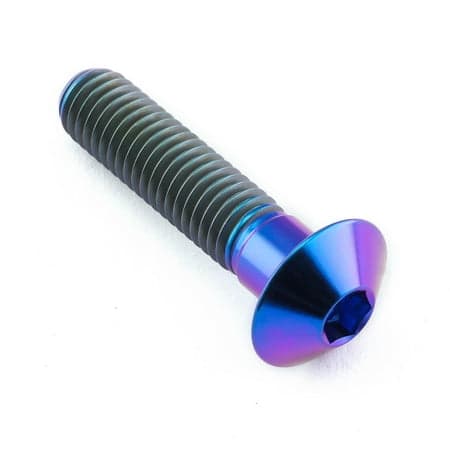 Purple titanium dome head bolt with M8 x 1.25mm threading, measuring 16mm in diameter and 35mm in length, featuring a hexagonal socket for easy installation.