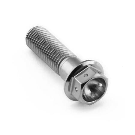 Flanged hex head titanium bolt in silver, measuring M10 x 1.25mm x 35mm, featuring a smooth shaft and a hexagonal head for easy installation.