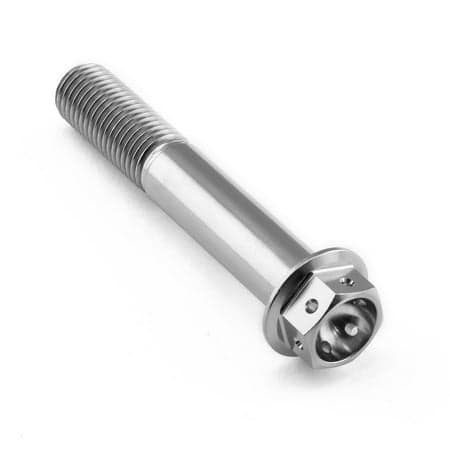 Flanged hex head titanium bolt in silver, measuring M10 x 1.25mm x 60mm, featuring a smooth shaft and a hexagonal head with a circular flange for secure fastening.